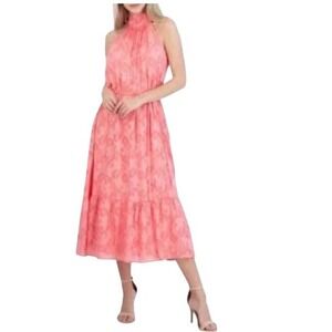NWT Donna Ricco New York Coral Gold Floral Metallic Sleeveless Halter Midi Dress